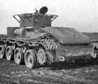 Т-29 с пушкой ПС-3 на испытаниях в движении на одной гусенице. 1936. Вид сзади слева